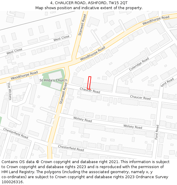 4, CHAUCER ROAD, ASHFORD, TW15 2QT: Location map and indicative extent of plot