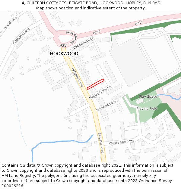 4, CHILTERN COTTAGES, REIGATE ROAD, HOOKWOOD, HORLEY, RH6 0AS: Location map and indicative extent of plot