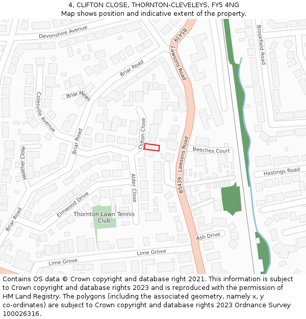 4, CLIFTON CLOSE, THORNTON-CLEVELEYS, FY5 4NG: Location map and indicative extent of plot
