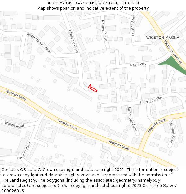 4, CLIPSTONE GARDENS, WIGSTON, LE18 3UN: Location map and indicative extent of plot