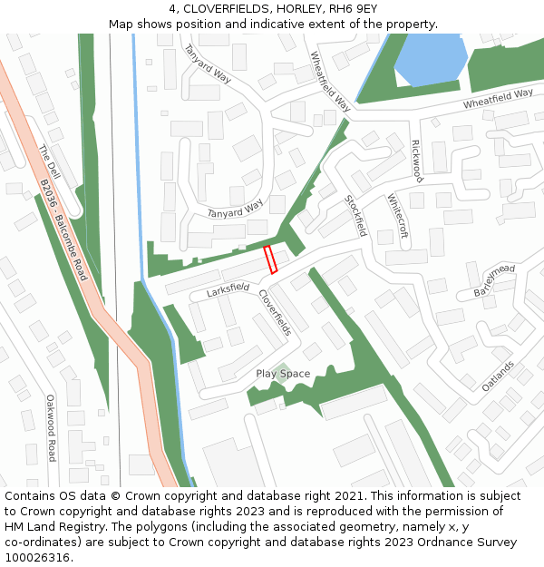 4, CLOVERFIELDS, HORLEY, RH6 9EY: Location map and indicative extent of plot