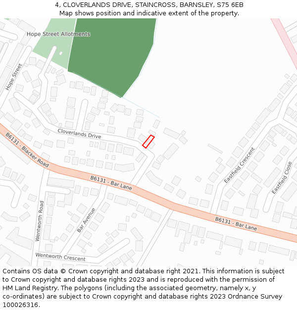 4, CLOVERLANDS DRIVE, STAINCROSS, BARNSLEY, S75 6EB: Location map and indicative extent of plot