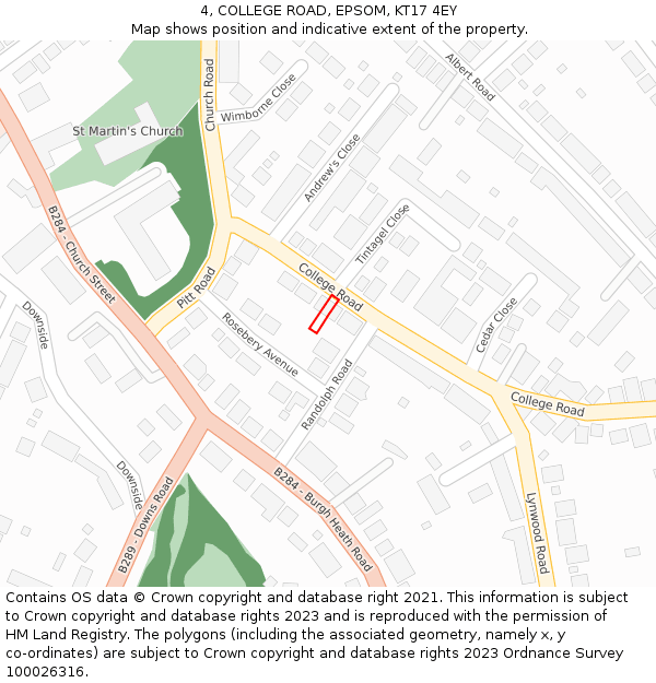 4, COLLEGE ROAD, EPSOM, KT17 4EY: Location map and indicative extent of plot