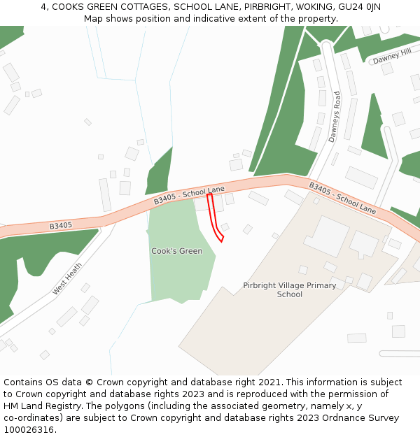 4, COOKS GREEN COTTAGES, SCHOOL LANE, PIRBRIGHT, WOKING, GU24 0JN: Location map and indicative extent of plot
