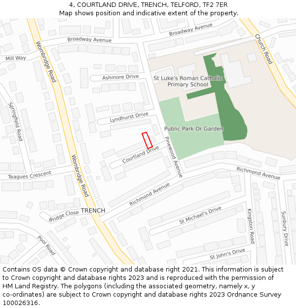 4, COURTLAND DRIVE, TRENCH, TELFORD, TF2 7ER: Location map and indicative extent of plot