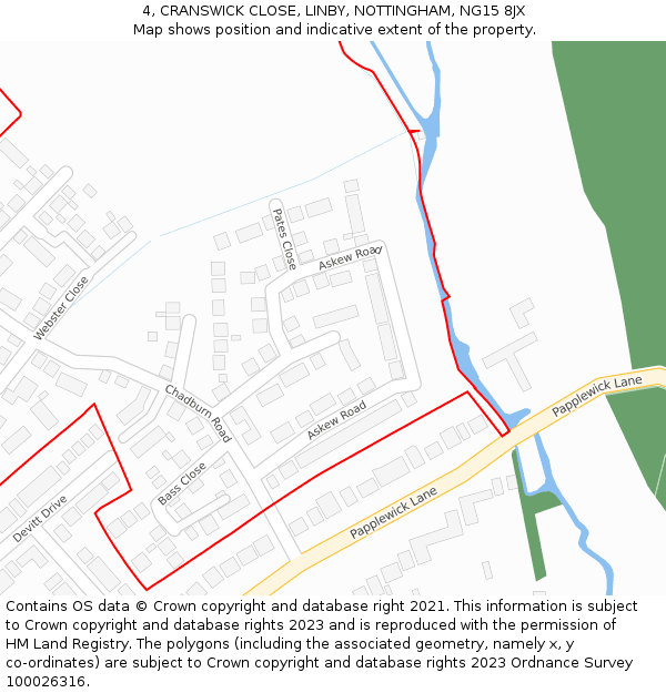 4, CRANSWICK CLOSE, LINBY, NOTTINGHAM, NG15 8JX: Location map and indicative extent of plot