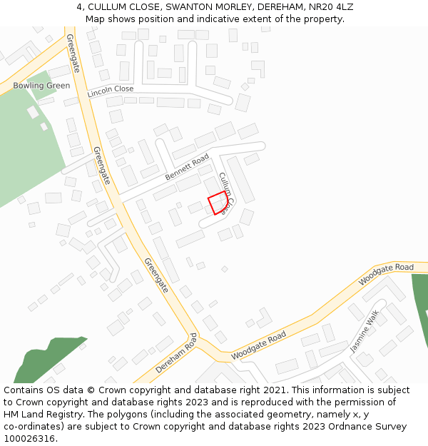 4, CULLUM CLOSE, SWANTON MORLEY, DEREHAM, NR20 4LZ: Location map and indicative extent of plot