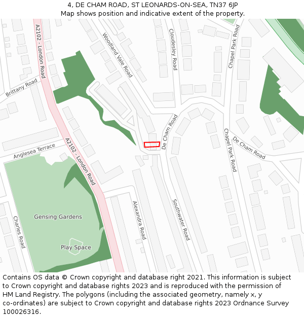 4, DE CHAM ROAD, ST LEONARDS-ON-SEA, TN37 6JP: Location map and indicative extent of plot