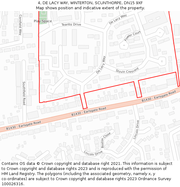 4, DE LACY WAY, WINTERTON, SCUNTHORPE, DN15 9XF: Location map and indicative extent of plot