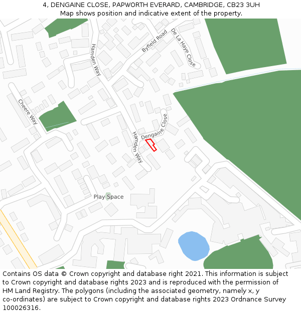 4, DENGAINE CLOSE, PAPWORTH EVERARD, CAMBRIDGE, CB23 3UH: Location map and indicative extent of plot
