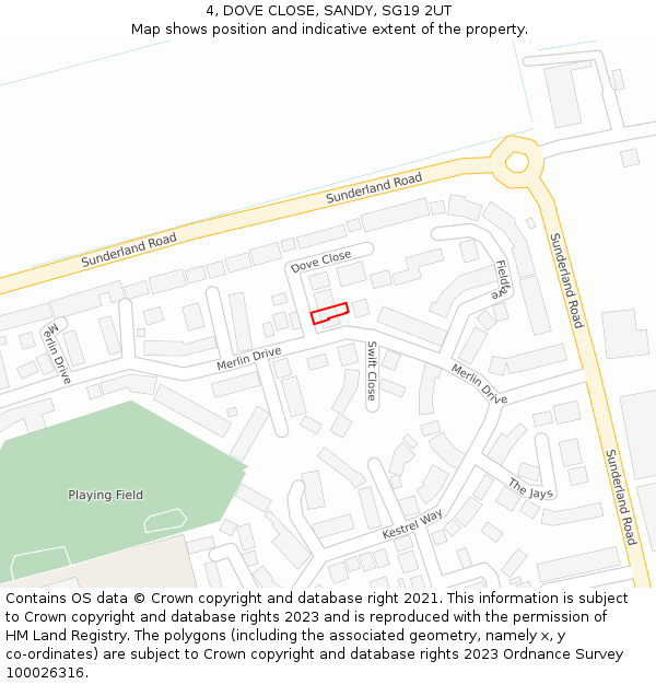 4, DOVE CLOSE, SANDY, SG19 2UT: Location map and indicative extent of plot