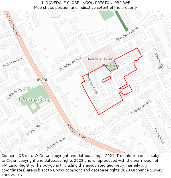 4, DOVEDALE CLOSE, INGOL, PRESTON, PR2 3WR: Location map and indicative extent of plot