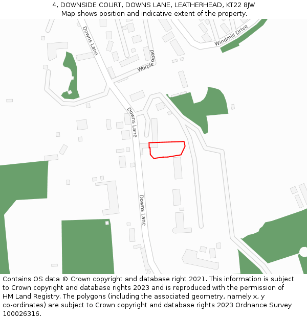 4, DOWNSIDE COURT, DOWNS LANE, LEATHERHEAD, KT22 8JW: Location map and indicative extent of plot