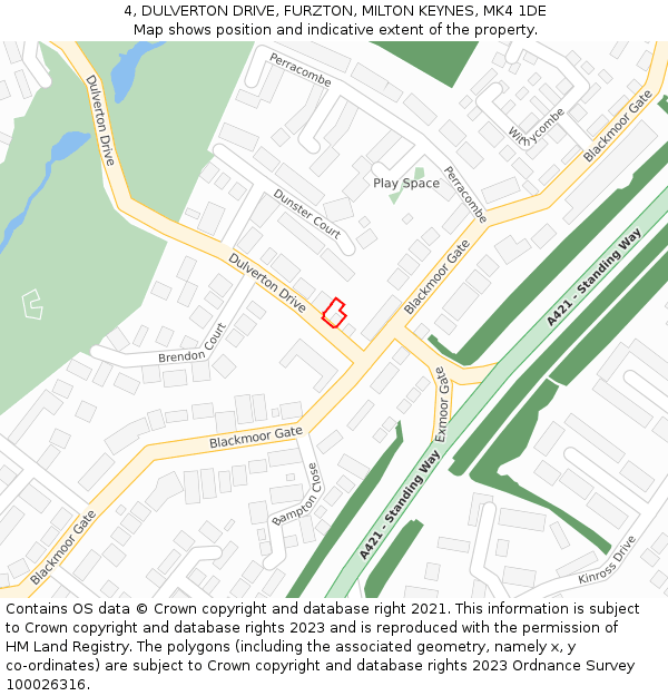 4, DULVERTON DRIVE, FURZTON, MILTON KEYNES, MK4 1DE: Location map and indicative extent of plot