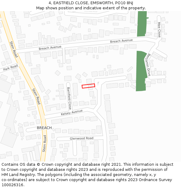4, EASTFIELD CLOSE, EMSWORTH, PO10 8NJ: Location map and indicative extent of plot