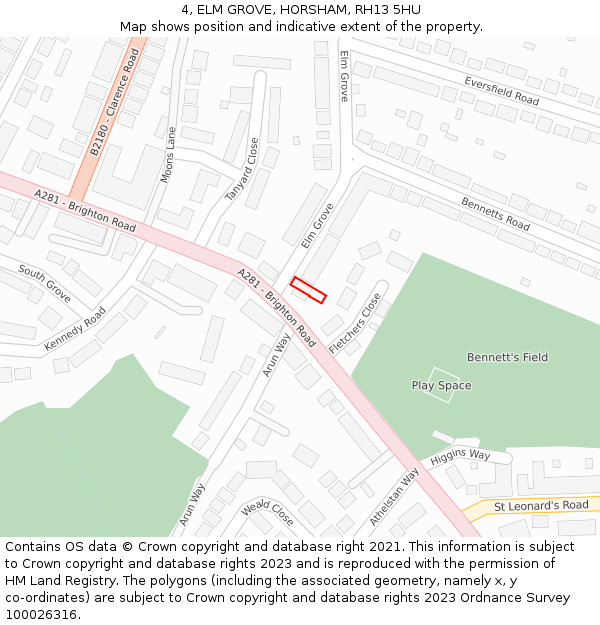 4, ELM GROVE, HORSHAM, RH13 5HU: Location map and indicative extent of plot