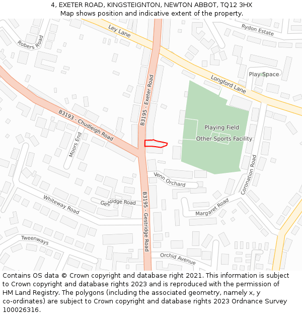 4, EXETER ROAD, KINGSTEIGNTON, NEWTON ABBOT, TQ12 3HX: Location map and indicative extent of plot