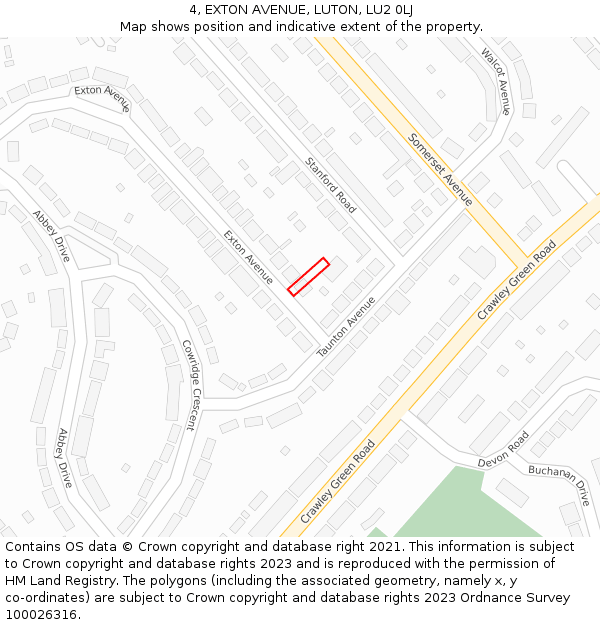 4, EXTON AVENUE, LUTON, LU2 0LJ: Location map and indicative extent of plot