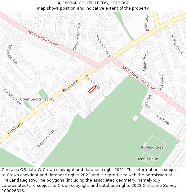 4, FARRAR COURT, LEEDS, LS13 3SP: Location map and indicative extent of plot