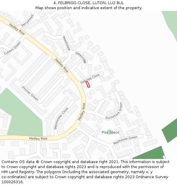 4, FELBRIGG CLOSE, LUTON, LU2 8UL: Location map and indicative extent of plot
