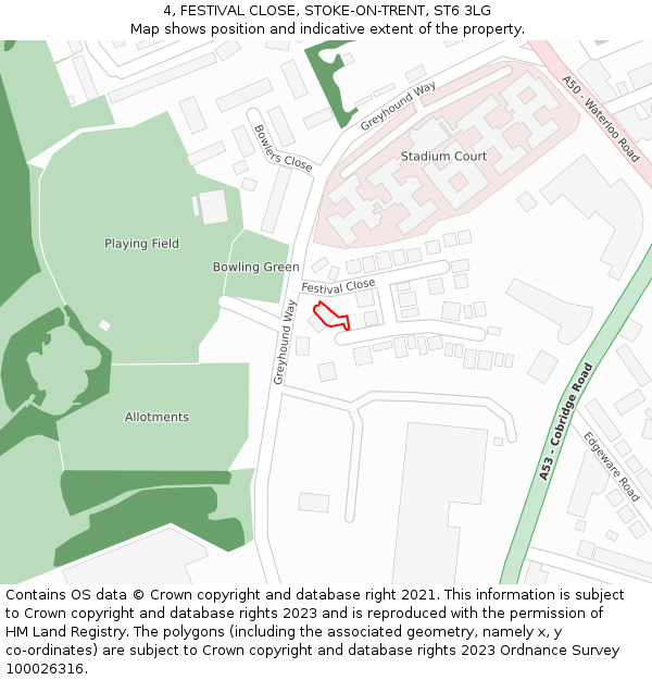 4, FESTIVAL CLOSE, STOKE-ON-TRENT, ST6 3LG: Location map and indicative extent of plot