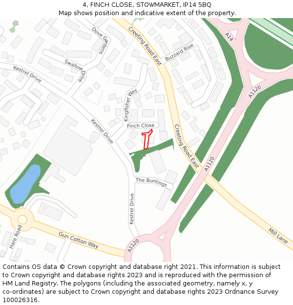 4, FINCH CLOSE, STOWMARKET, IP14 5BQ: Location map and indicative extent of plot