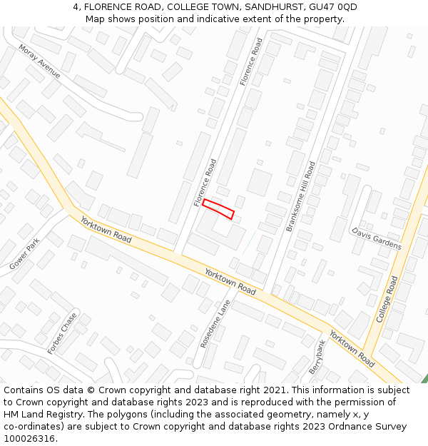 4, FLORENCE ROAD, COLLEGE TOWN, SANDHURST, GU47 0QD: Location map and indicative extent of plot