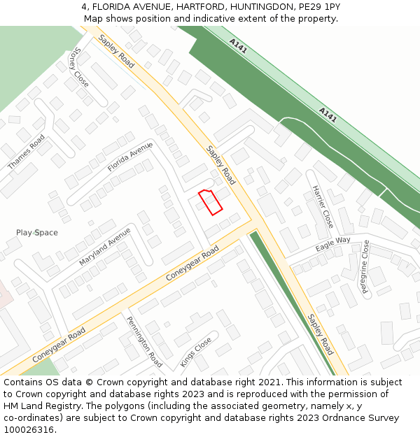 4, FLORIDA AVENUE, HARTFORD, HUNTINGDON, PE29 1PY: Location map and indicative extent of plot