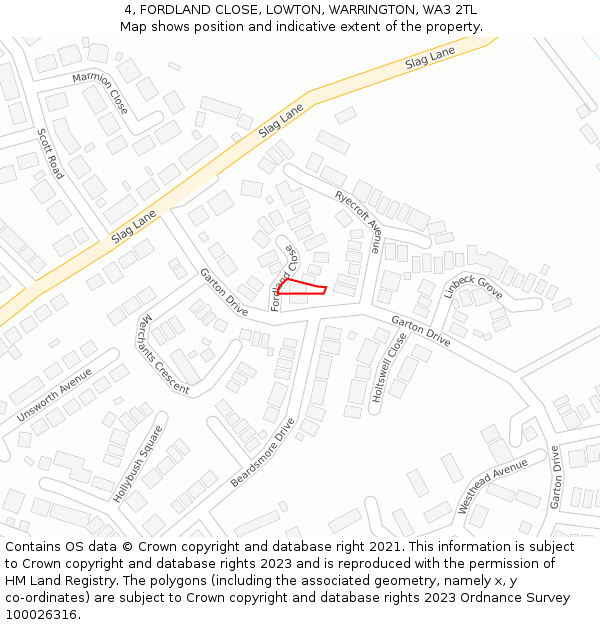 4, FORDLAND CLOSE, LOWTON, WARRINGTON, WA3 2TL: Location map and indicative extent of plot