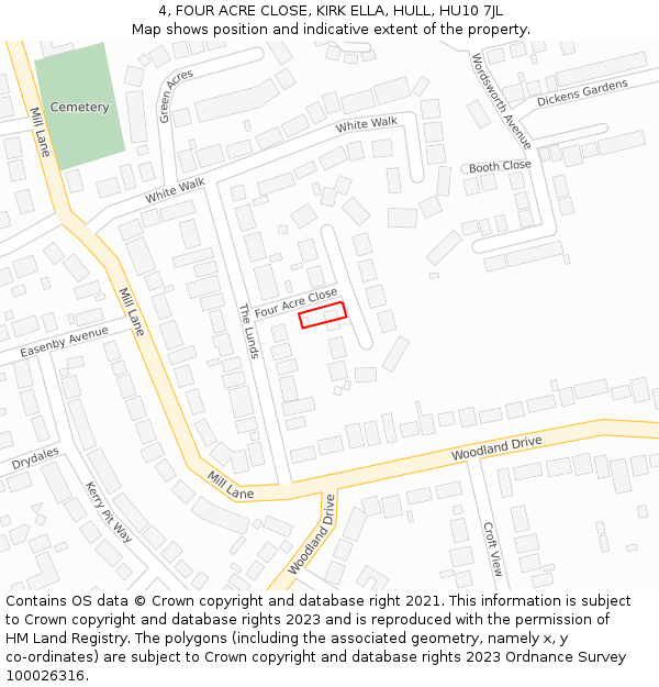 4, FOUR ACRE CLOSE, KIRK ELLA, HULL, HU10 7JL: Location map and indicative extent of plot
