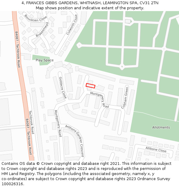 4, FRANCES GIBBS GARDENS, WHITNASH, LEAMINGTON SPA, CV31 2TN: Location map and indicative extent of plot