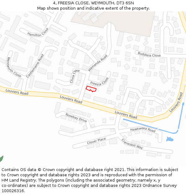 4, FREESIA CLOSE, WEYMOUTH, DT3 6SN: Location map and indicative extent of plot