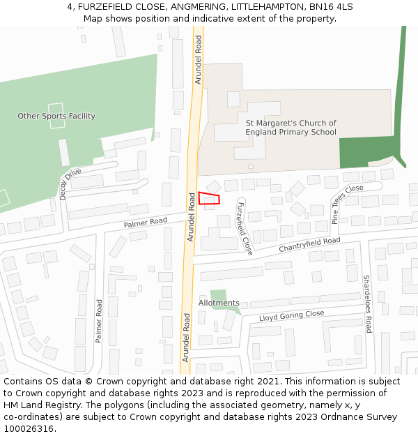 4, FURZEFIELD CLOSE, ANGMERING, LITTLEHAMPTON, BN16 4LS: Location map and indicative extent of plot