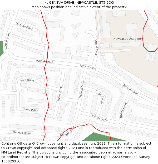 4, GENEVA DRIVE, NEWCASTLE, ST5 2QG: Location map and indicative extent of plot