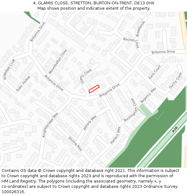 4, GLAMIS CLOSE, STRETTON, BURTON-ON-TRENT, DE13 0HX: Location map and indicative extent of plot