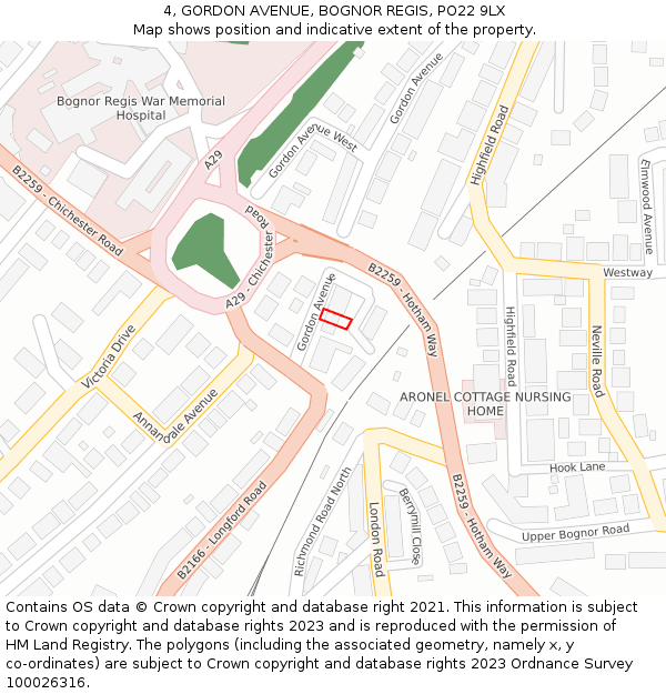4, GORDON AVENUE, BOGNOR REGIS, PO22 9LX: Location map and indicative extent of plot