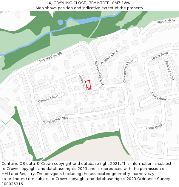4, GRAYLING CLOSE, BRAINTREE, CM7 1WW: Location map and indicative extent of plot