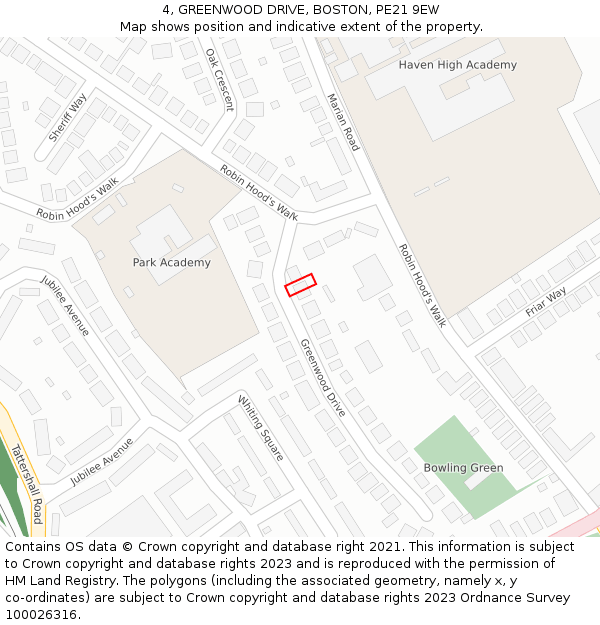 4, GREENWOOD DRIVE, BOSTON, PE21 9EW: Location map and indicative extent of plot