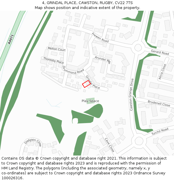 4, GRINDAL PLACE, CAWSTON, RUGBY, CV22 7TS: Location map and indicative extent of plot