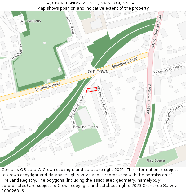 4, GROVELANDS AVENUE, SWINDON, SN1 4ET: Location map and indicative extent of plot