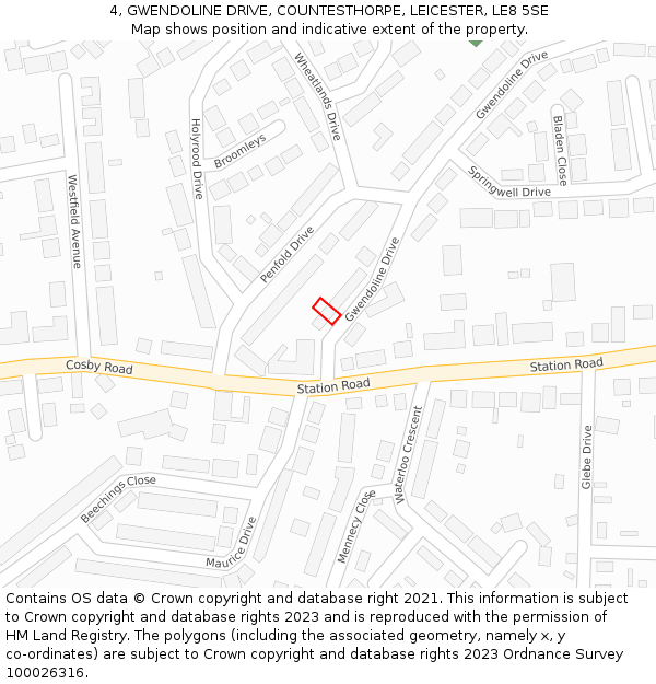 4, GWENDOLINE DRIVE, COUNTESTHORPE, LEICESTER, LE8 5SE: Location map and indicative extent of plot