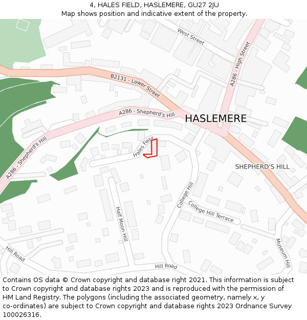 4, HALES FIELD, HASLEMERE, GU27 2JU: Location map and indicative extent of plot