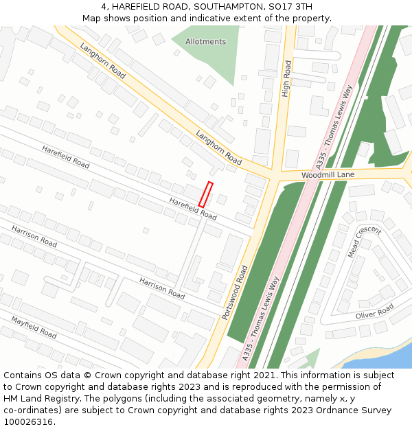 4, HAREFIELD ROAD, SOUTHAMPTON, SO17 3TH: Location map and indicative extent of plot