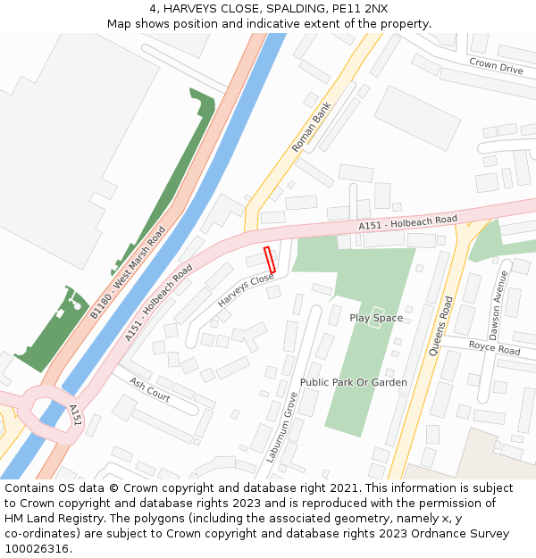 4, HARVEYS CLOSE, SPALDING, PE11 2NX: Location map and indicative extent of plot