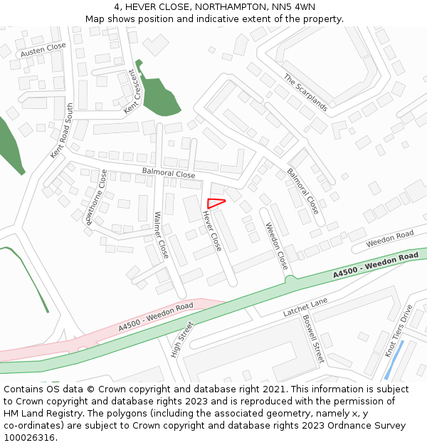 4, HEVER CLOSE, NORTHAMPTON, NN5 4WN: Location map and indicative extent of plot