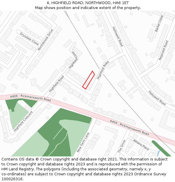 4, HIGHFIELD ROAD, NORTHWOOD, HA6 1ET: Location map and indicative extent of plot