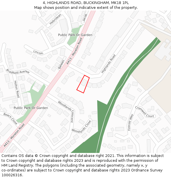 4, HIGHLANDS ROAD, BUCKINGHAM, MK18 1PL: Location map and indicative extent of plot