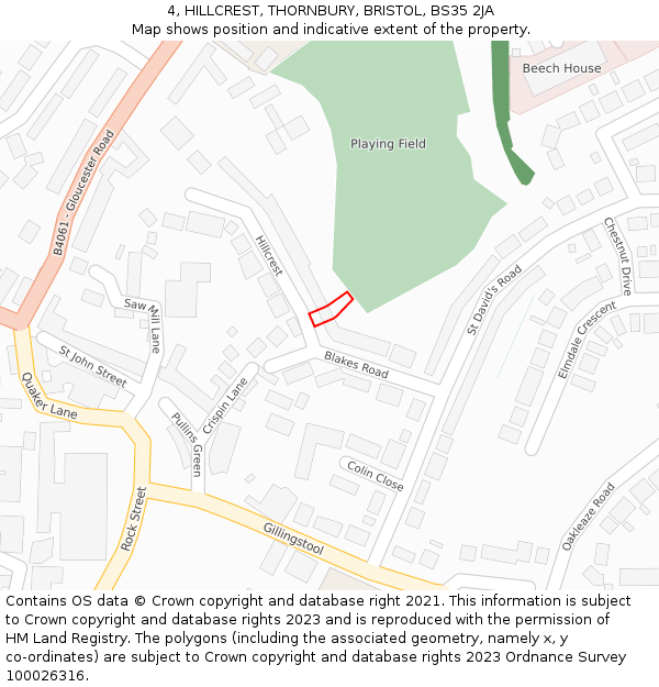 4, HILLCREST, THORNBURY, BRISTOL, BS35 2JA: Location map and indicative extent of plot
