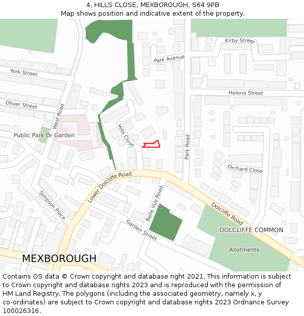 4, HILLS CLOSE, MEXBOROUGH, S64 9PB: Location map and indicative extent of plot