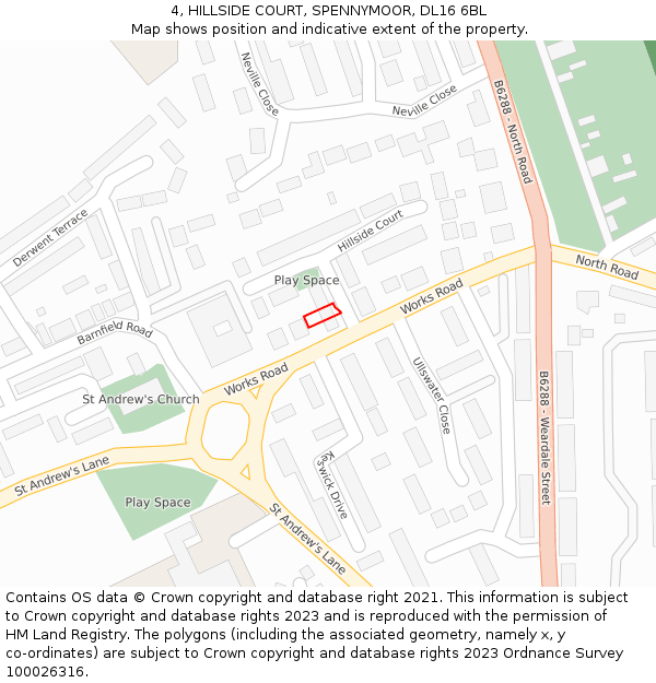 4, HILLSIDE COURT, SPENNYMOOR, DL16 6BL: Location map and indicative extent of plot
